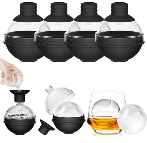 Large Ice Cube Tray Moulds with Funnel Lid - Big Sphere Ice Ball Maker, Silicone Round Ice Molds for Whiskey, Cocktails, Wine, and Drinks (Set of 4) - Reusable Easy-Release Circle Ice Tray