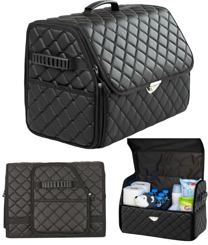 the mask el turko Leather Trunk Organizer with Lid for Suv and more, Foldable Car Organizer, Car Organizers and Storage with Pockets, Non-Slip Design (Black-Black)