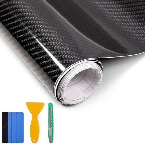 Foneso 6D Black Carbon Fiber Vinyl Wrap 30x300cm Self Adhesive Car Wrap | With Tools, Adapted to The Appearance and The Interior of Motorcycles, Computers, Cars (6D Black with Tool, 30cm x 300cm)