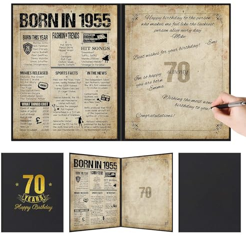 Benjia 70th Birthday Decoration, Bday Card Gift Guest Signing Book for Woman Man, Born in 1955 UK Poster Guestbook, 70 Years Old Signature Board, Vintage Birthday Party Decor for Dad Mum