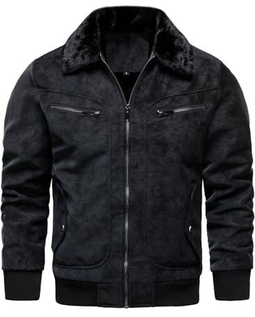 HOOD CREW - Giubbotto aviatore in finta pelliccia da uomo - Vintage - Mantello invernale foderato in pile, Nero , M