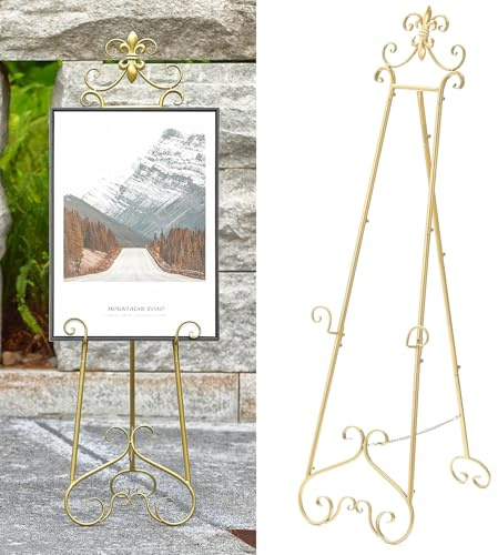 CaliDecor 60” H Gold Easel Stand for Sign, Large Adjustable Metal Display Standing for Displaying Pictures Wedding Poster Holder Showcasing with Chain Support