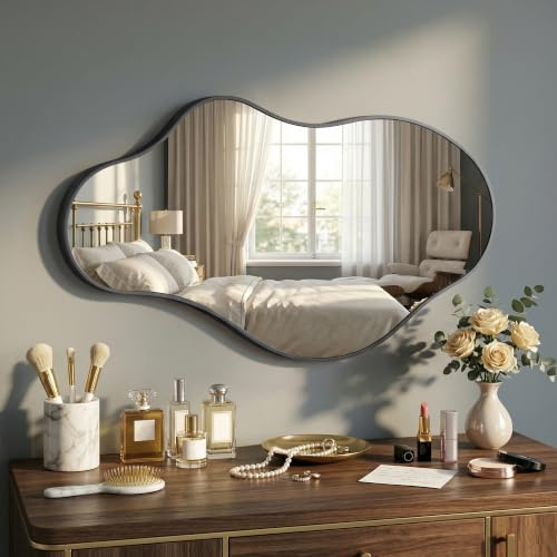 Fahomiss Asymmetrischer Wandspiegel – Moderner Spiegel mit Metallrahmen, vertikal oder horizontal montierbar (Schwarz, 110L x 60B cm)