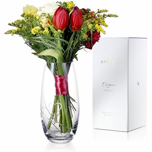 Brilant Glasvase Zylinder - Elegante Blumenvase Modern, Deko Glas mit Eingravierten Herzen/Linien & Premium-Kristallen, Bleifrei Vase Glas Groß, Beste Mama Geschenk, Geschenke für Frauen, 1 Stück 25cm
