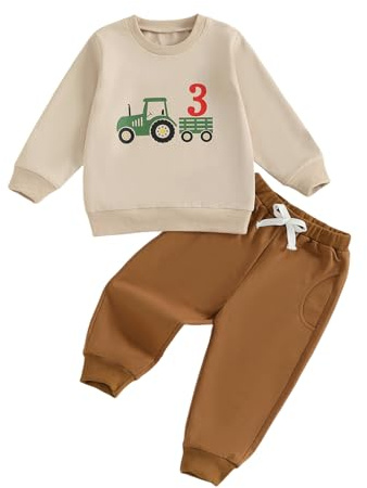 Geagodelia Abiti per bambini per il 1°/2°/3°/4° compleanno, a maniche lunghe, con stampa di numeri di camion, felpe pullover top e pantaloni elastici in vita, 2 pezzi, vestito per il primo compleanno