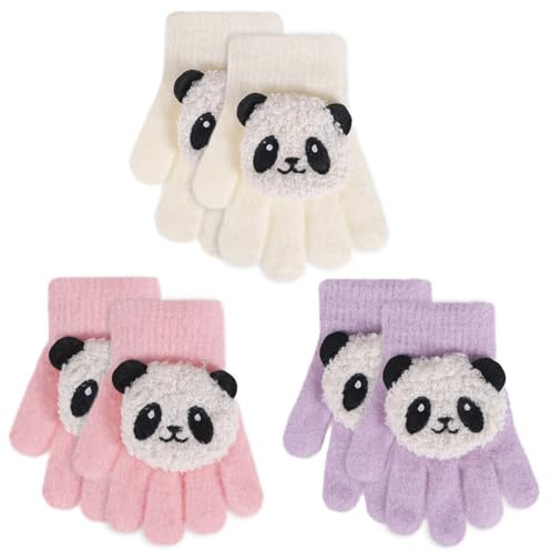 Jupsk 3 par barnhandskar vinter stickad varm stretch fluffig magisk handske panda vantar för barn pojkar flickor åldrarna 3-8 år