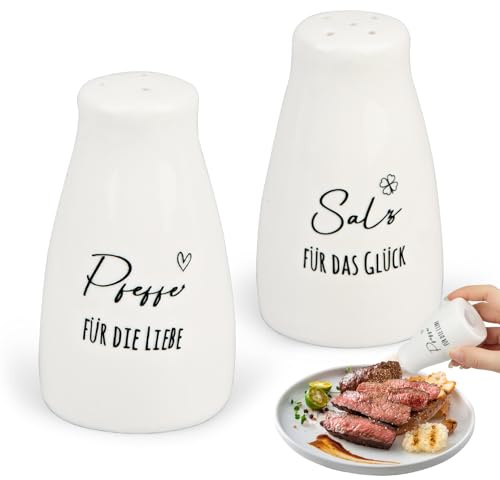 Salz und Pfefferstreuer Hochzeitsgeschenk Set aus Keramik 2 Stück Salz Pfeffer Streuer Set mit Salz und Pfeffer Aufkleber, Salzstreuer Lustig, Geschenk zur Einweihungs, Hochzeit, Silberhochzeit