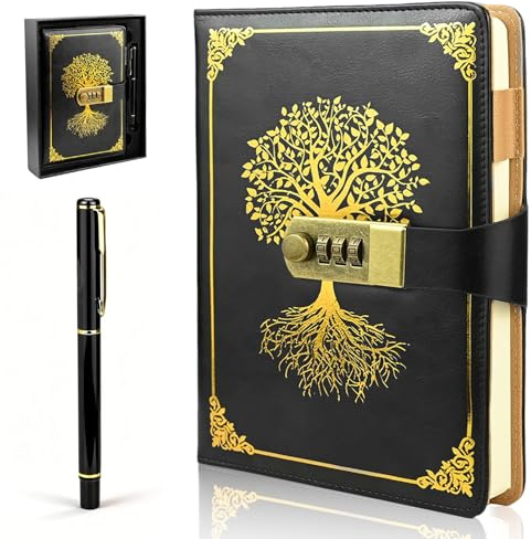 twirush A5 Diary with Lock, Vintage PU Leather Journal With Lock, 300 Pages Lined Paper Password Notebook with Pen & Gift Box, Secret Diary Lockable Journal for Women, Girls, Men, Students (Black)
