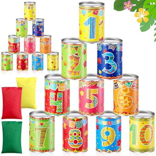 Jingmore Fiesta Mexican Party Games Tiki Can Toss Game Bean Bag Toss with 10 Tin Cans and 3 Bean Bag for Summer Luau Family Birthday Tropical Hawaii Aloha Indoors Outdoors Activities Party Supplies