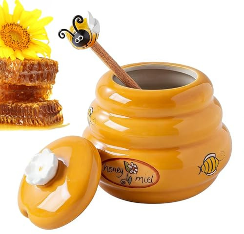 Honey Container - Ceramic Airtight Small with Dipper Lid - Bee Honey Jar with Dipper,for Syrup Jam Home Apartment Kitchen Counter Cabinet Farmhouse Restaurant Baking Cooking