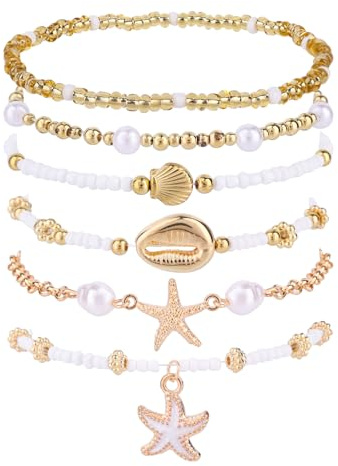 Mikovivi Lot de 6 Bracelets d'Été pour Femme, Ornés de Pendentifs Coquillage et Étoile mer Style Bohème Parfaits pour les Vacances à la Mer Idée Cadeau