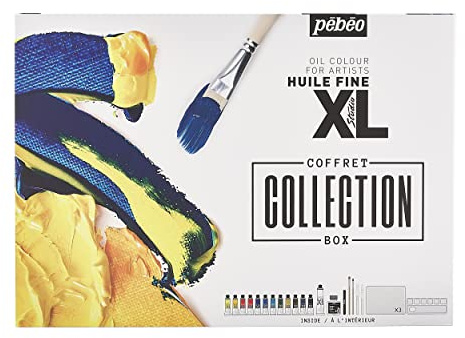 Pébéo - Ölmalerei - Set Collection - Feine Qualität - Für Anfänger und Profis - Set 12x20 ml XL-Öl + Titanweiß 80 ml + Leinöl + 4Artist Marker Schwarz + 8 Zubehörteile