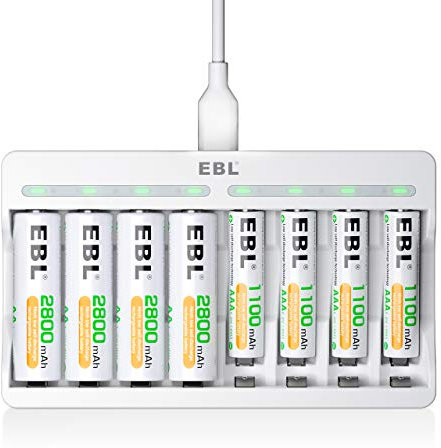 EBL 8 Slot Caricabatterie Indipendente Batterie Ricaricabili, Caricatore per AA AAA Ni-MH Batterie Ricaricabili con 4 pcs AA 2800mAh & 4 pcs AAA 1100mAh
