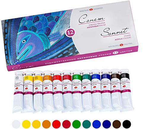 Sonnet Set Acrylfarben | 12x18ml Tuben | Malen und Gestalten auf jeder Oberfläche | Hergestellt von Nevskya Palitra
