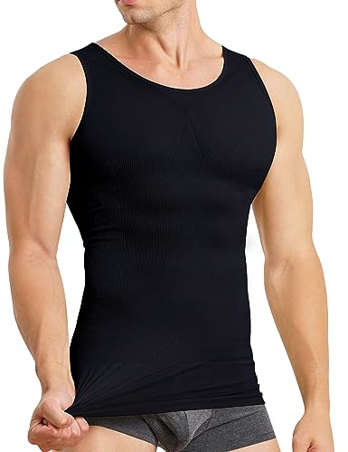 MOLUTAN Mens Compression Shirt Slimming Body Shaper Vest Sleeveless Waist Trainer Workout Tank Top Tummy Control Shapewear (Black, Tank, X-Large-XX-Large)