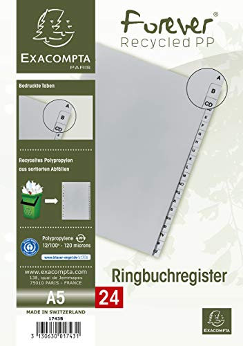 Exacompta 1743B Recycling Kunststoff-Register 24 Blatt mit bedruckten Taben A-Z für DIN A5 volle Höhe Ringbuchordner-Plastikregister für die ideale Ablage von Dokumenten Blauer Engel grau