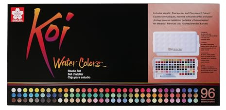 Sakura Koi Water Colors Studio Set, Malkasten mit 96 Näpfen inkl. Metallic-, Perlmutt- und Fluoreszenz-Farben, mit Mischpalette und Wassertank-Pinsel