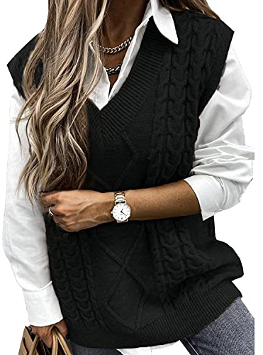 Niwicee Sweater Vest Knitted Sleeveless Jumpers Tank Top Streetwear Knitwear Plaid Pullovers Sweatshirts Oversized V Neck Cable Knit Vintage Retro Stylish Spring Autumn Winter Chunky Women(Black,L)