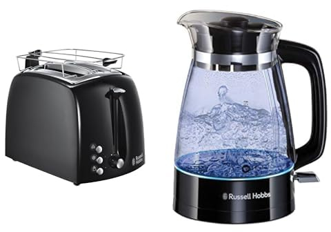 Russell Hobbs Toaster Textures+, 2 extra breite Toastschlitze, Brötchenaufsatz, 850W, schwarz 22601-56 & Wasserkocher Glas Classic Design mit LED-Beleuchtung (1,7l, 2400W) 26080-70
