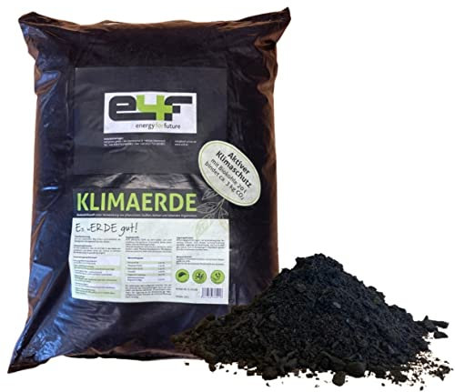 e4f KLIMAERDE 20 L mit Pflanzenkohle, torffrei, natürlich, Universalerde für alle Pflanzen, Bodenvitalisierung, aktiv CO2 speichern, Schwarzerde, Terra Preta