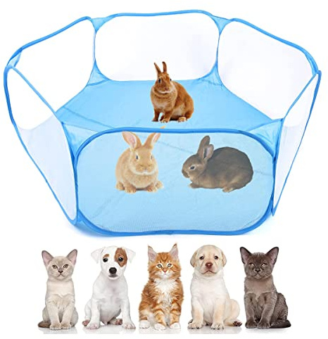 Tienda de campaña de jaula de animales pequeños, transpirable y transparente, parque de juegos para mascotas, valla de ejercicio para exteriores/interiores, valla portátil para patio (azul)