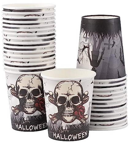 SAVITA 30pcs Gobelets Jetables Halloween, Gobelets Jetables 255ml Papier Squelette Halloween Tête Mort Papier Effrayants pour Fournitures Décorations Fête d'