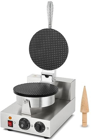 VERTES Macchina per Waffle, Piastra per Waffle a Cono Gelato, Waffle Maker 24 pezzi/h, Cono Incluso, Regolabile 0-300°C, Antiaderente, Piastra in Ghisa con corpo in Acciaio Inox, 1000 Watt, Timer