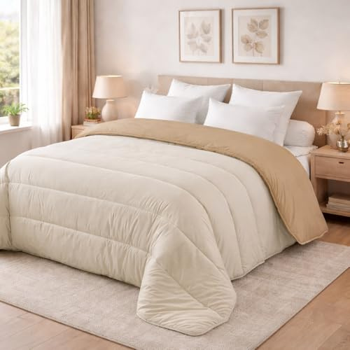 PASSION Trapunta Invernale double face, calda e morbida – Piumone da 350 gr/mq - Microfibra manopesca – Traspirante, Anallergica –Italia (Una piazza e mezza 200 x 240 cm, BEIGE/PANNA)