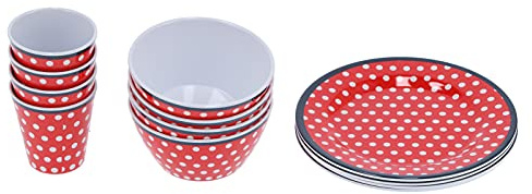 Topyond 12Pcs/Set Haushalt Geschirr Steinzeug Set 4 Person Geschirrset Teller Set Service Geschirrsets Camping Geschirr Red Dot Melamin Tasse Schüssel Teller für Restaurant Home