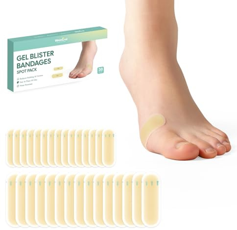 Welnove Blasenpflaster – 30 Stück Unsichtbare Hydrokolloid-Gel Pflaster gegen Blasen an Ferse & Zehen – Spezialpflaster als Blasenpolster, wasserfest & hautfarben - Die Spot-Packung