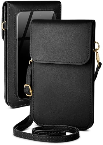 moex Handytasche zum Umhängen für Emporia SMART.5 mini kleine Handtasche mit Handyfach und Sichtfenster, 2 extra Fächer Mini PU Leder Handy Umhängetasche Damen CitySling, Schwarz