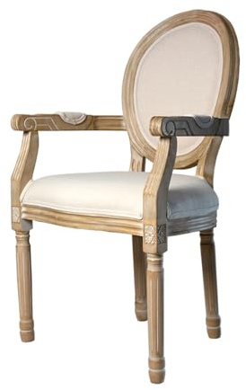 EME Sillón Medallón de Madera de Abedul Macizo Envejecido Estilo Francés con un Toque Vintage Respaldo y Asiento Acolchado de Lino en Color Beige. Diseño Clásico