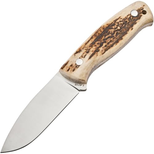 Parforce Jagdmesser Lupus Hirschhorn | Satinierte Full-Tang-Klinge aus 1.4116-Stahl. Griffschalen aus echtem Hirschhorn. Fangriemenöse. Inkl. Lederscheide.