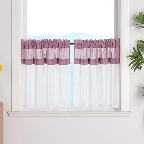 ESLIR Scheibengardinen Leinen Set Bistrogardinen Küche Gardinen Weiß Transparent Kurzstores Landhaus Vorhänge Violett BxH 60x120cm 2Stück
