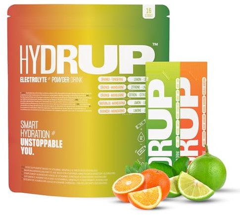 HYDRUP - Elektrolytgetränk ohne Zucker in Pulver 1733 mg - Sofortige Hydration & Energie mit Vitaminen B und C - 3x Orange, 3x Zitrone-Limette - 16 Sticks je 14 g - Gluten- & Laktosefrei