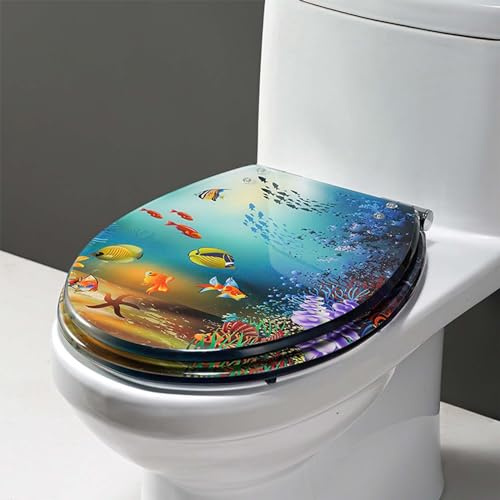 Resin Toilet Seat with 3D Personality Pattern - Heavy Duty Slow Close Seat with Cover Inlaid for Bathroom Decor - 42 * 36cm - Quick Release Hinges.