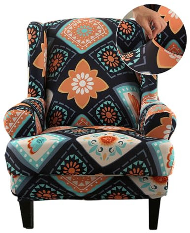 Highdi 2-Teilig Ohrensessel Überzug, Sesselüberwürfe Ohrensessel Schonbezüge Bezug Elastisch Sesselhusse Bohemian-Mandala Sesselbezug Tiger Stuhlbezug mit Armlehne Universal (Vintage-Schwarz)