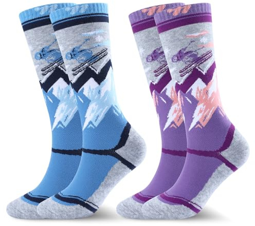 West Biking Kids Ski Socks - 2 Pairs Thick Merino Wool Thermal Socks for Cold Weather Skiing and Hiking, Multicolour Winter Socks for 6-15 Years