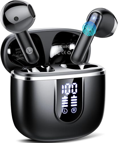 Wireless Earbuds, Bluetooth 5.4 Headphones in Ear with HiFi Stereo Deep Bass, Wireless Earphones with 4 ENC Noise Cancelling Mic, 40H Playtime Ear buds IP7 Waterproof, USB-C Fast Charge, LED Display