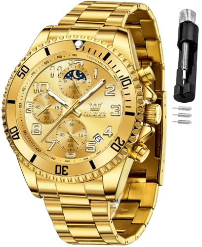 OLEVS Gold Watch for Men Chronograph Fashion Dress Moon Phase Large Stainless Steel Waterproof Luminous Business Reloj para Hombre