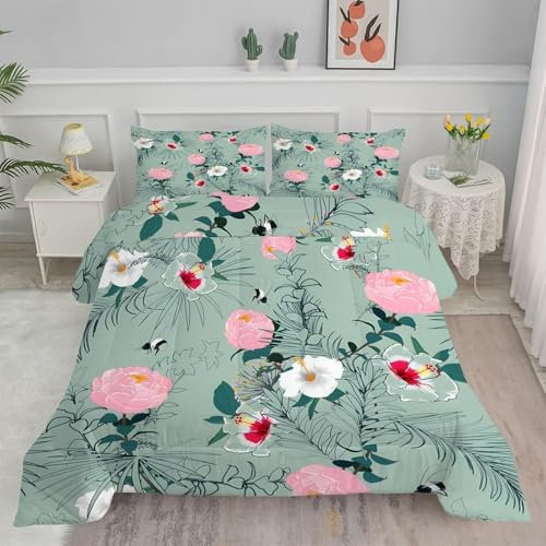 Bettdecke 200x220 Ohne Bezug Nutzbar, Blumen Und Blätter Bettdecken Waschbar Ganzjahresdecke Aquarell 4 Jahreszeiten Steppdecke, Bettzeug Microfaser mit 2 Kissenbezug für Sommer Winter Doppelbett