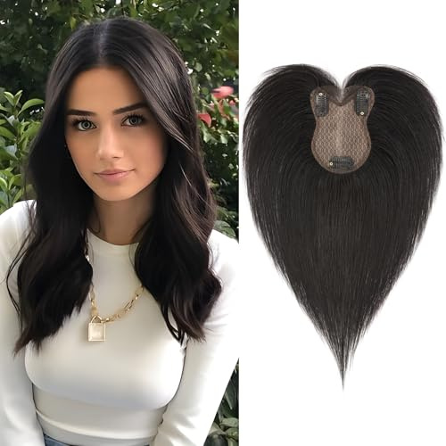 Benehair Echthaar Hair Topper für Frauen, 21g Haare Topper Echthaar Seitlicher Pony, 27CM Haartopper mit Bange, Menschliches Haar Toppers Oberkopf Spitze Basis, Natürlich Schwarz Haar für mit Dünnem