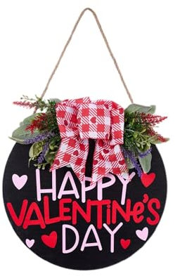 Valentinstagskranz, rot-weiß karierter , karierte Schleifen-Dekoration, Valentinstags-Willkommensschild, romantischer Liebesherz- , Herz-Türdekoration, 30 cm , Valentinstag-Türdekoration