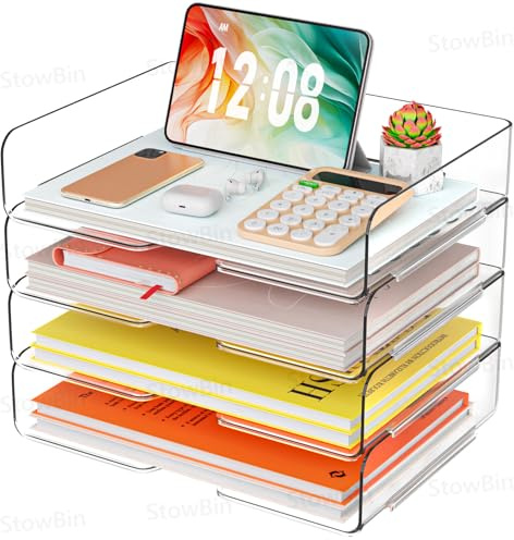 StowBin 4 Pack A4 Acrylic Letter Tray, Clear Stackable Document Organiser