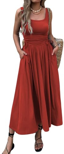 Mieazom Women’s Boho Summer Maxi Dress with Pockets, Adjustable Waist, Sleeveless Casual Ruched Sundress for Beach Vacation Red L