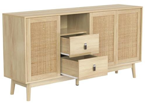 Azkoeesy Sideboard Eiche mit Schiebetüren in Rattan-Optik, 155 x 38 x 80 cm, Landhausstil Kommode Buffetschrank mit 2 Schubladen, Holzbeinen, TV-Board, Küchenschrank, für Esszimmer, Wohnzimmer, Flur