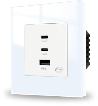 JIMEIDA Steckdose Unterputz Schnelles LadenWeiß Glas 65W Schnellladung 2 Type-C und 1 USB-A Schnittstelle Unterputz Steckdose 86 * 86mm