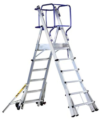 Svelt Scala Telescopica a Castello Professionale (6 Gradini) | Protezione 360°, Piattaforma 60x53 cm, Corrimani e Stabilizzatori Richiudibili, 9 Altezze di Lavoro