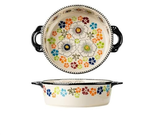 Lijiaxiuyc-101 ceramic baking tray Large-capacity High-temperature Household Baking Dishes Vintage Underglaze Tableware Deep Dinner Plate with Handle baking tray(19cm)