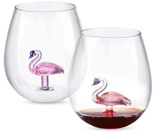 Lot de 2 verres à vin flamant rose sans pied - 500 ml - Verre à cocktail en cristal sans pied - Avec flamant rose 3D à l'intérieur - Verre transparent pour femmes et hommes - Pour mariage, bar